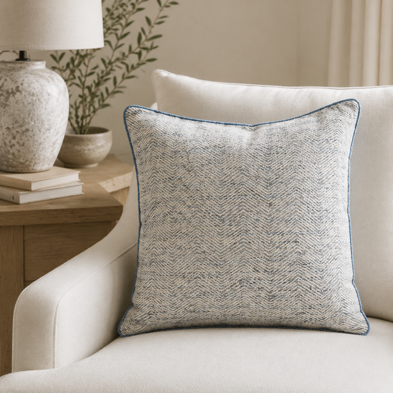 Malini Ripple navy woven 43x43 cushion styled on a light neutral armchair