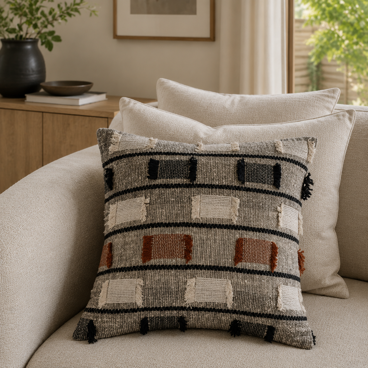 Malini Gobi textured woven grey square cushion 45x45 clearance in a neutral living room