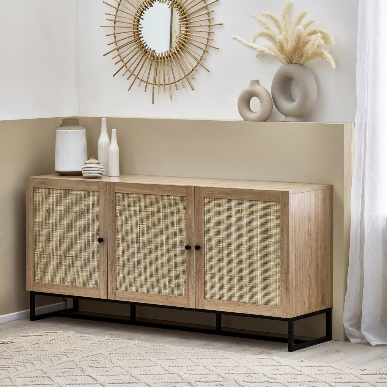 Clermont Oak Wood & Rattan Sideboard