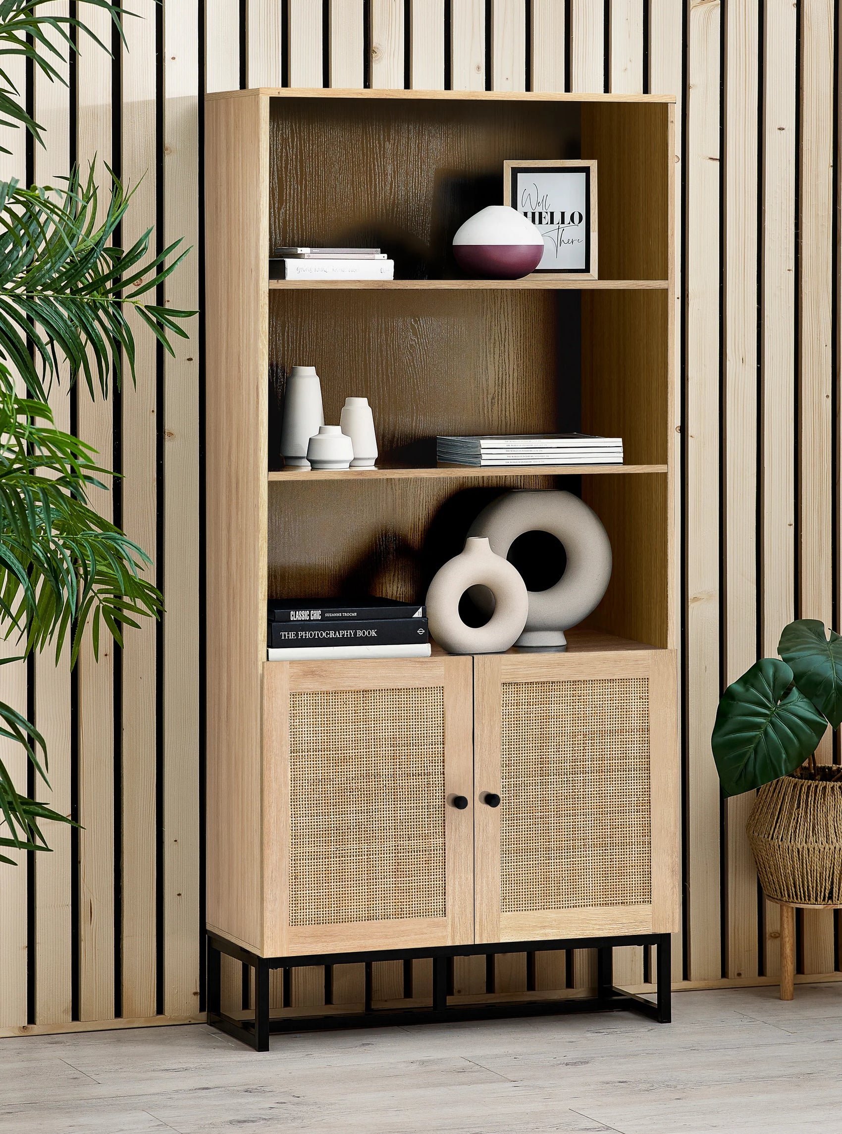 Clermont Oak Wood & Rattan Tall Display Unit