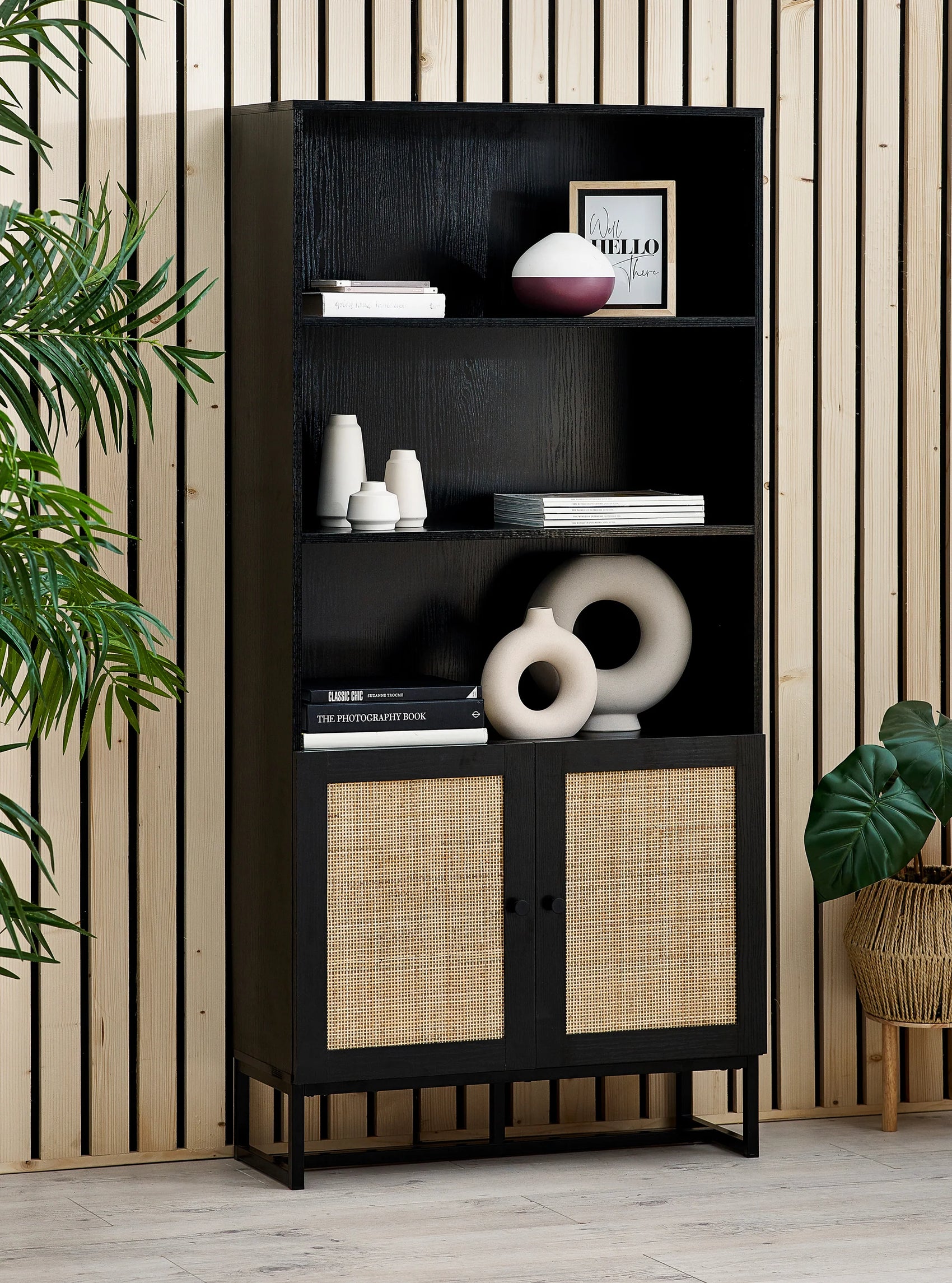 Clermont Black Oak Wood & Rattan Tall Display Unit
