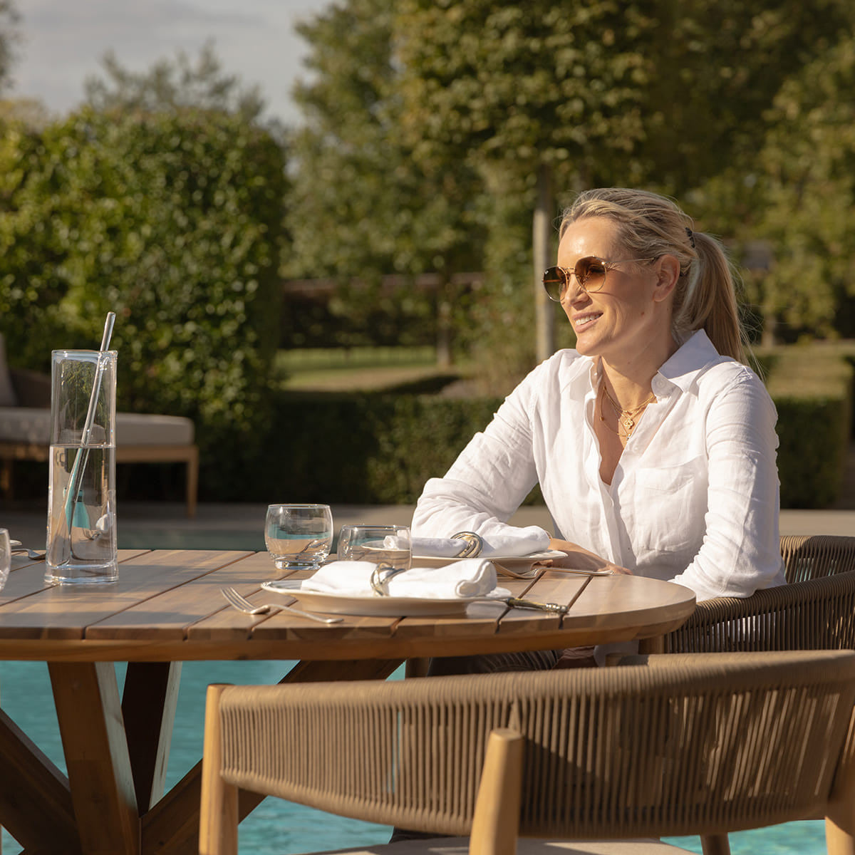 Maze Porto Sandstone Rope Acacia Wood Outdoor Round Dining Set | 6 Seater