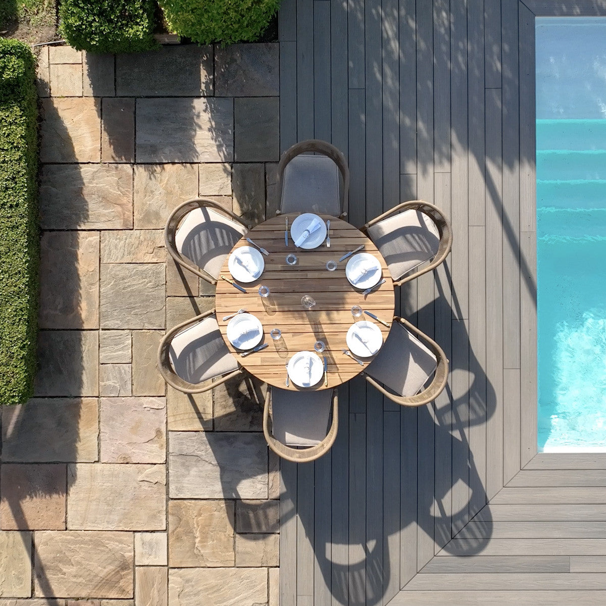 Maze Porto Sandstone Rope Acacia Wood Outdoor Round Dining Set | 6 Seater