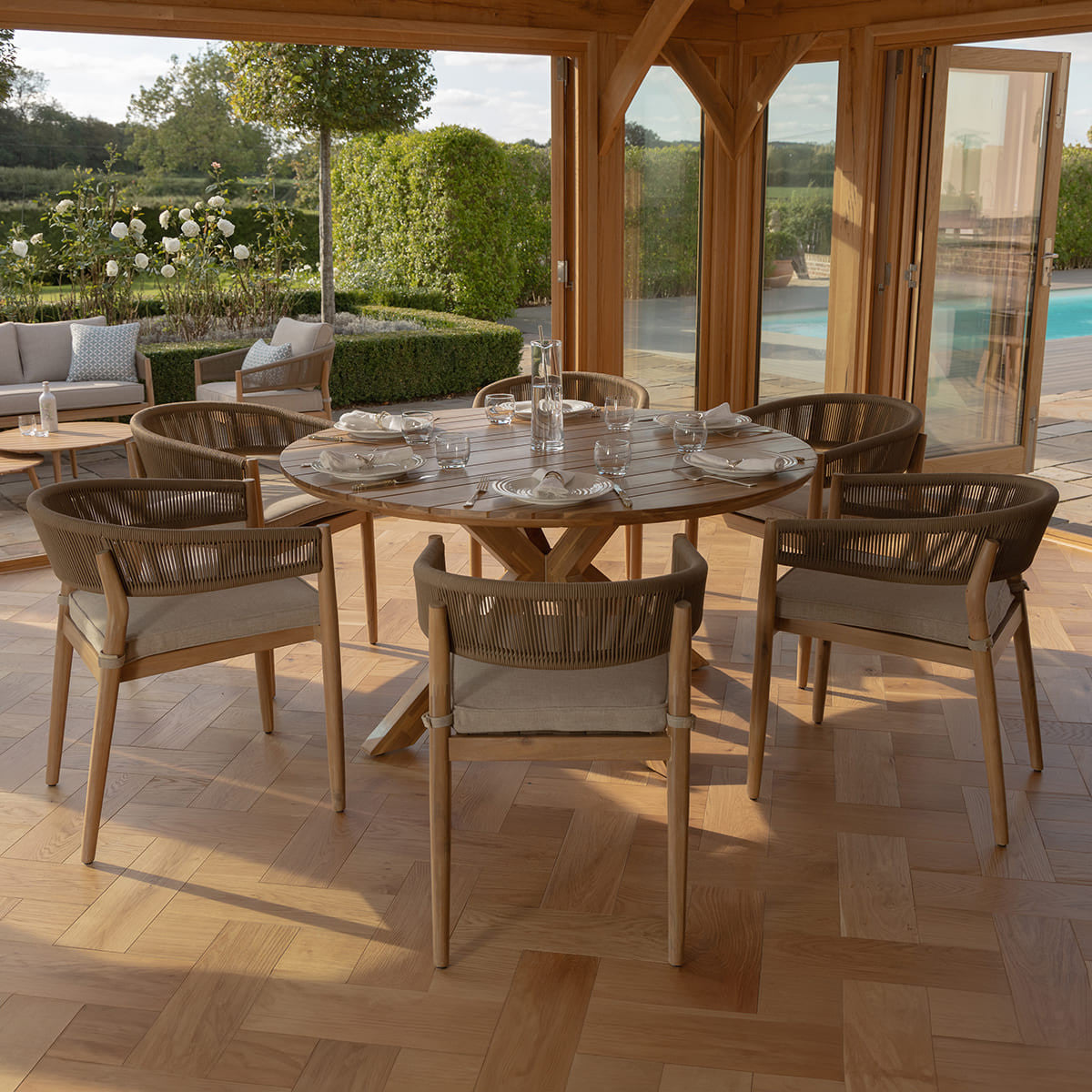 Maze Porto Sandstone Rope Acacia Wood Outdoor Round Dining Set | 6 Seater