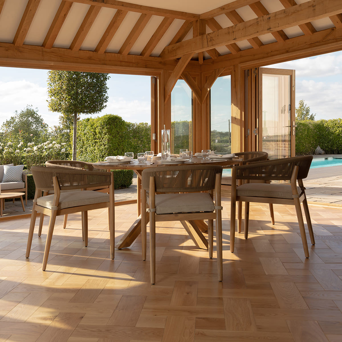 Maze Porto Sandstone Rope Acacia Wood Outdoor Round Dining Set | 6 Seater