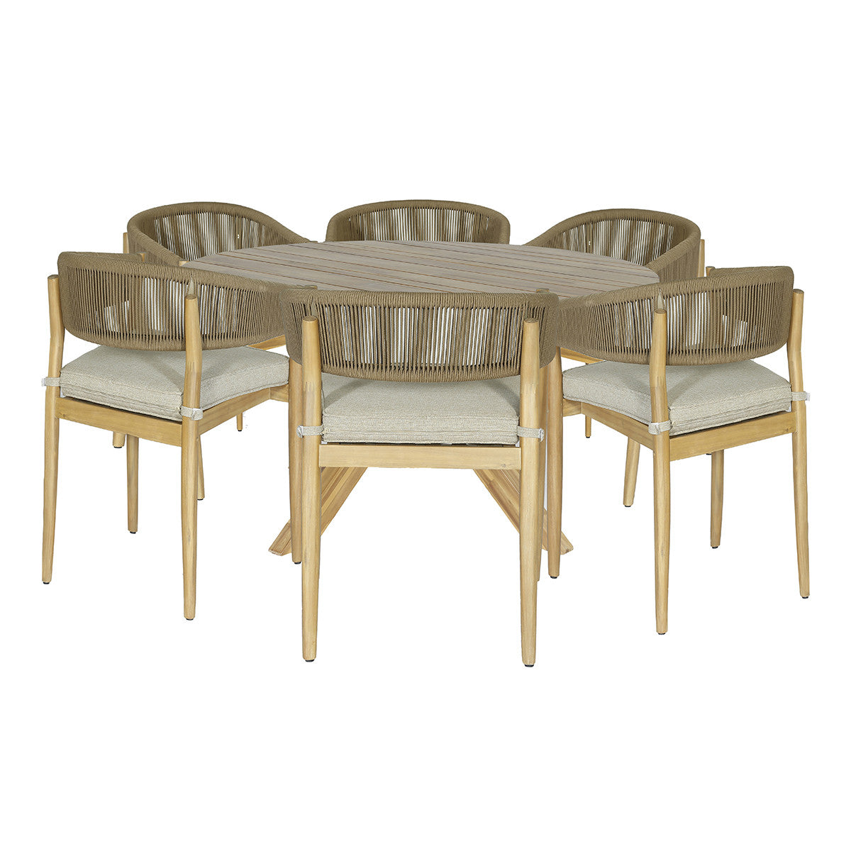 Maze Porto Sandstone Rope Acacia Wood Outdoor Round Dining Set | 6 Seater