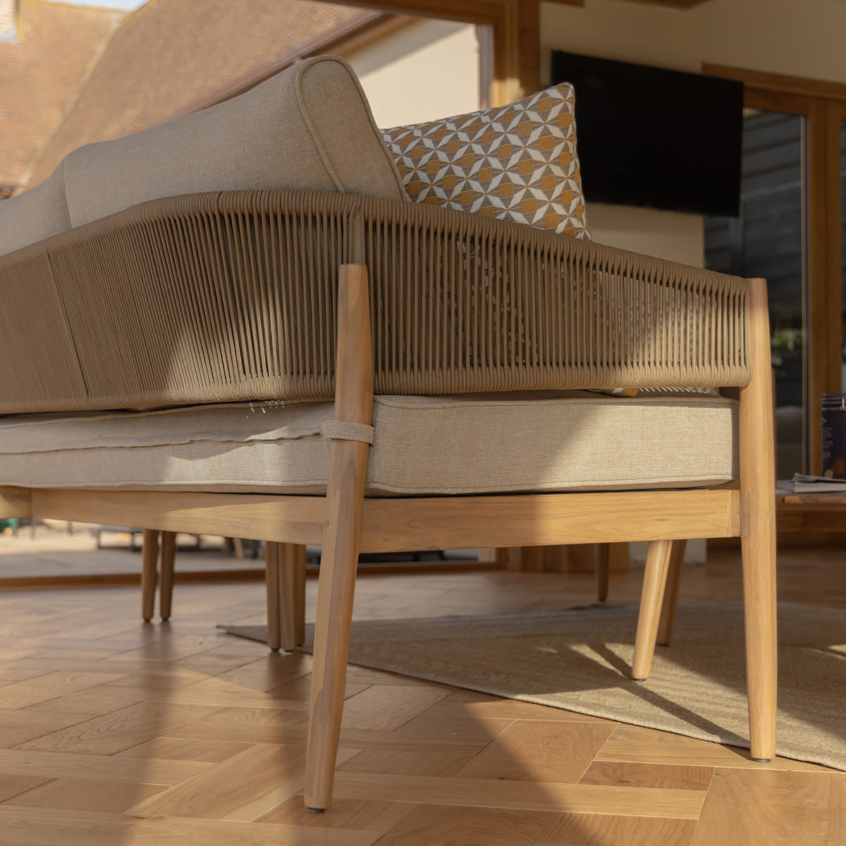 Maze Porto Sandstone Rope Acacia Wood Outdoor Corner Sofa Set | 6 Seater