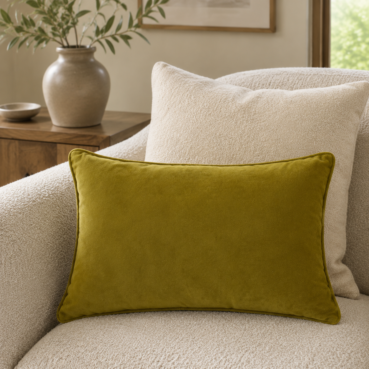 Malini Luxe acid green velvet 30x45 cushion styled on a light neutral armchair