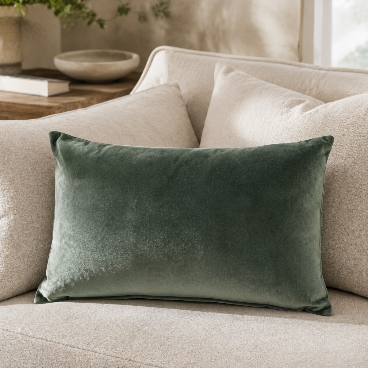 Malini Luxe eucalyptus velvet 30x45 cushion styled on a light neutral sofa