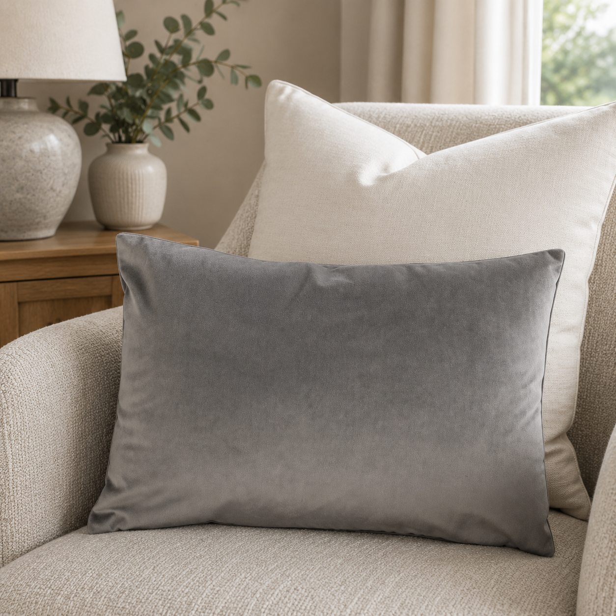Malini Luxe grey velvet 30x45 cushion styled on a light neutral armchair
