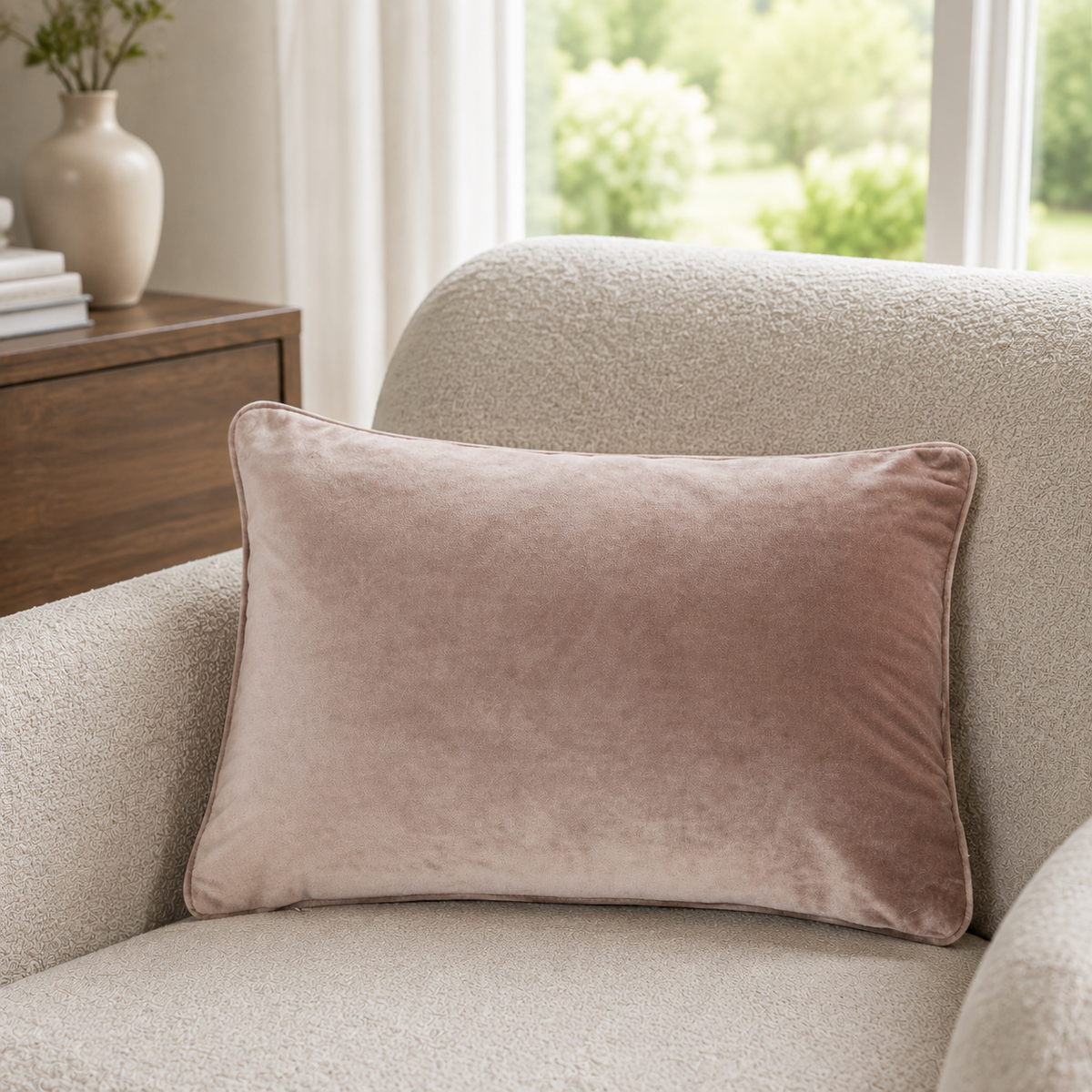 Malini Luxe Matt Velvet Mink Rectangle Cushion 30x45 lifestyle image