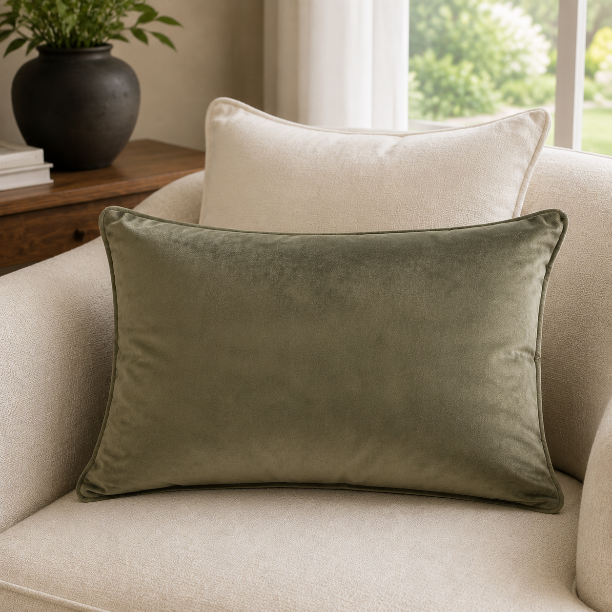 Malini Luxe Velvet Piped Olive Green Rectangle Cushion 30x45 lifestyle image