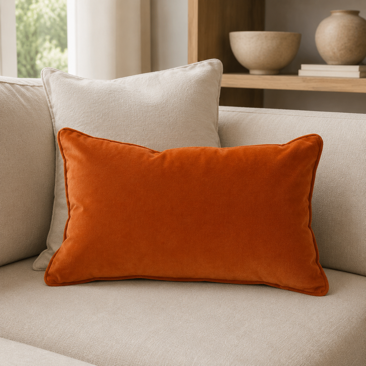 Malini Luxe Matt Velvet Orange Rectangle Cushion 30x45 lifestyle image
