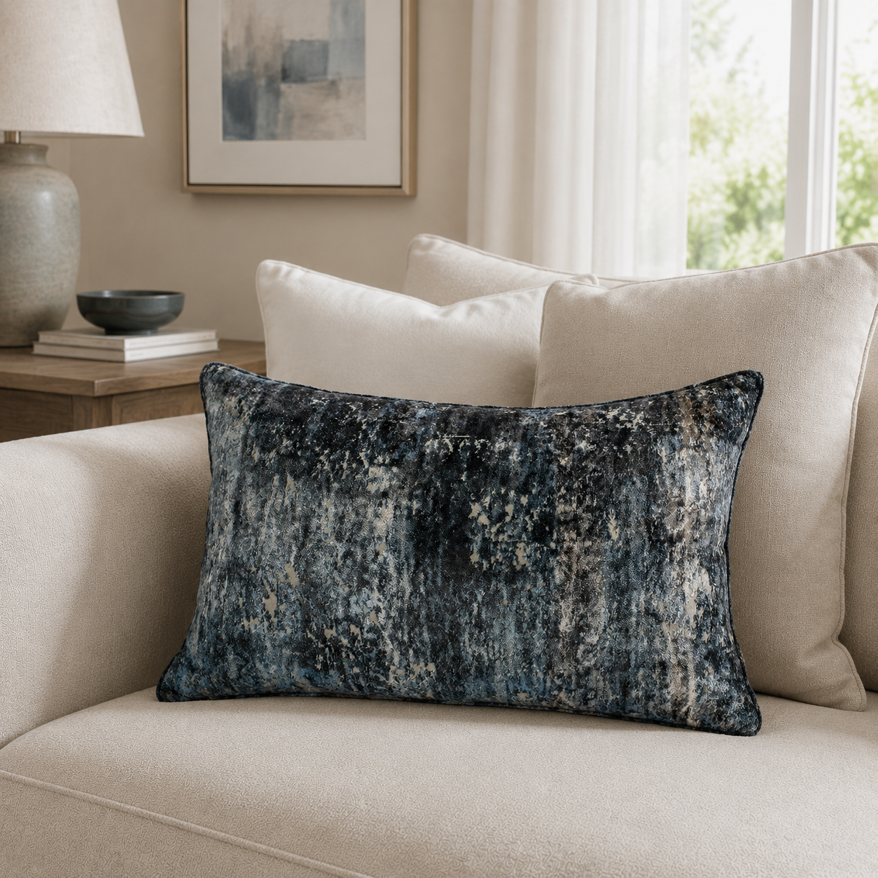 Malini Brienne Blue Velvet Distressed Rectangle Cushion 35x55 lifestyle image