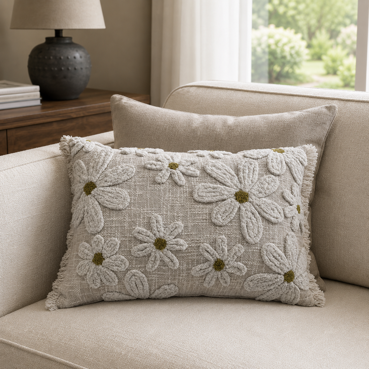 Malini Faye Cream rectangle cushion lifestyle