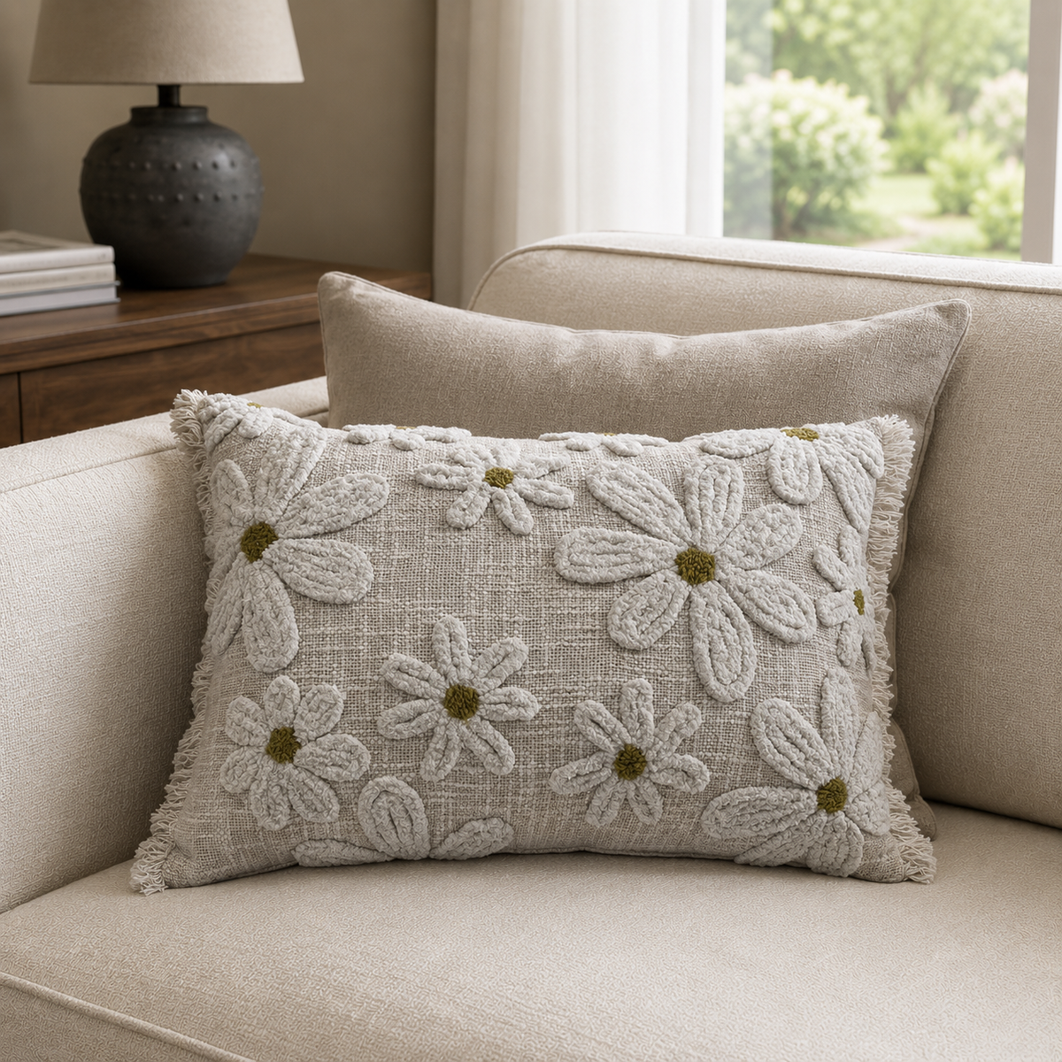 Malini Faye Cream rectangle cushion lifestyle