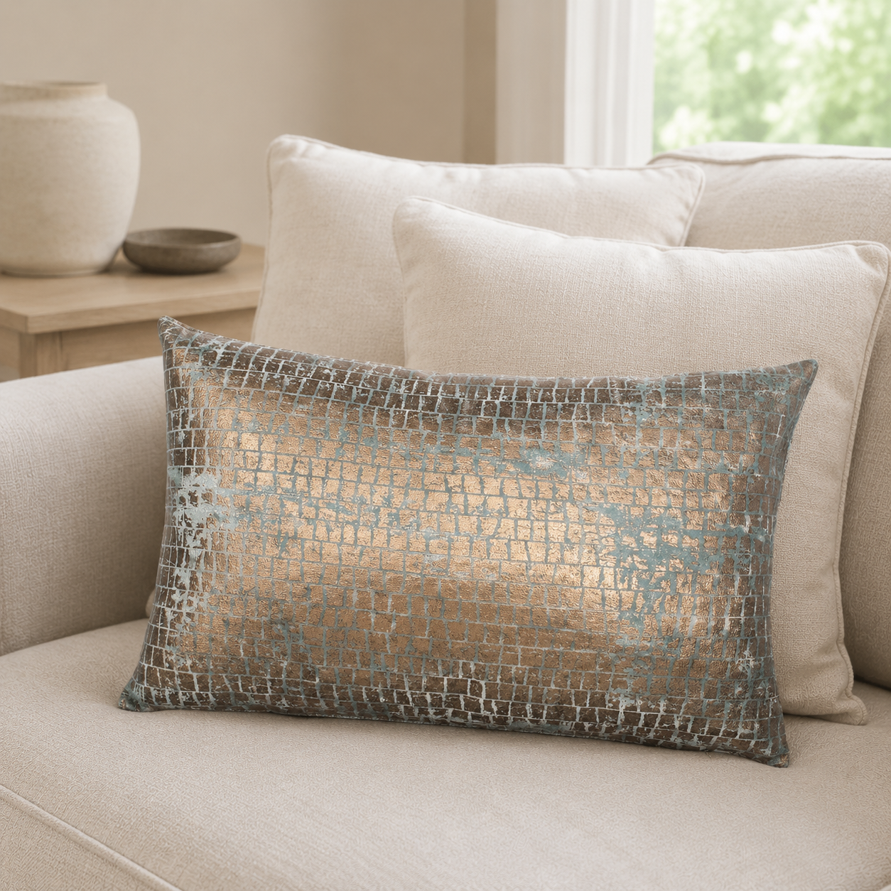 Malini Jupiter Copper Foil On Seafoam Velvet Rectangle Cushion styled on a neutral sofa