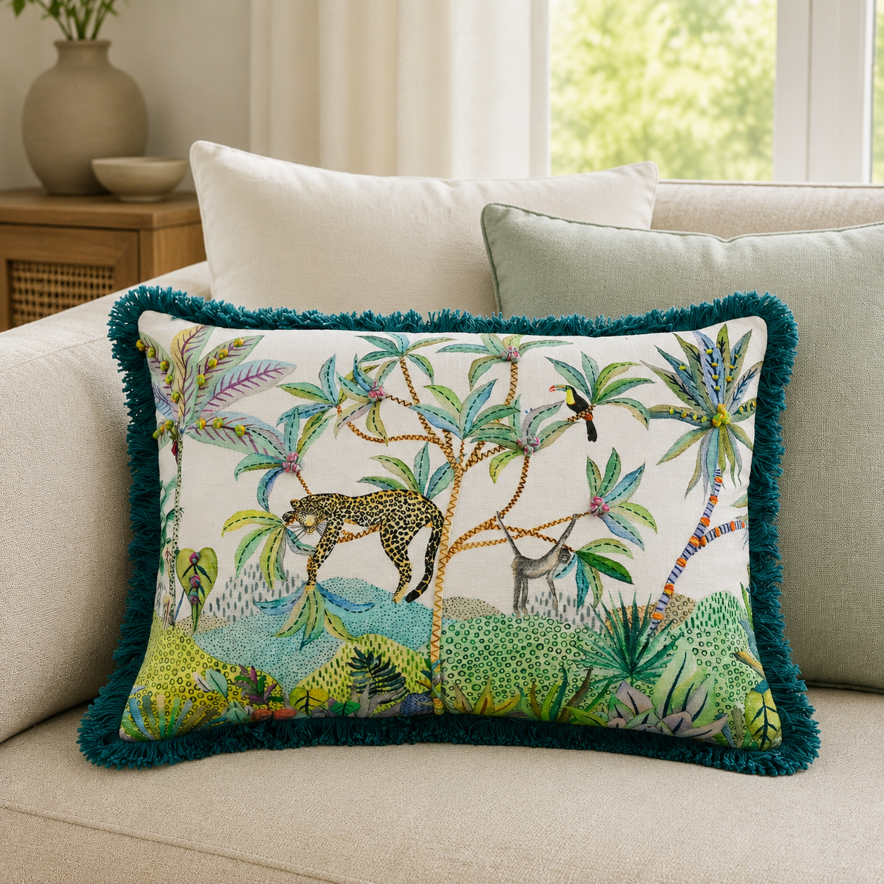 Malini Kruger Leopard On Tree Rectangle Cushion styled on a neutral sofa