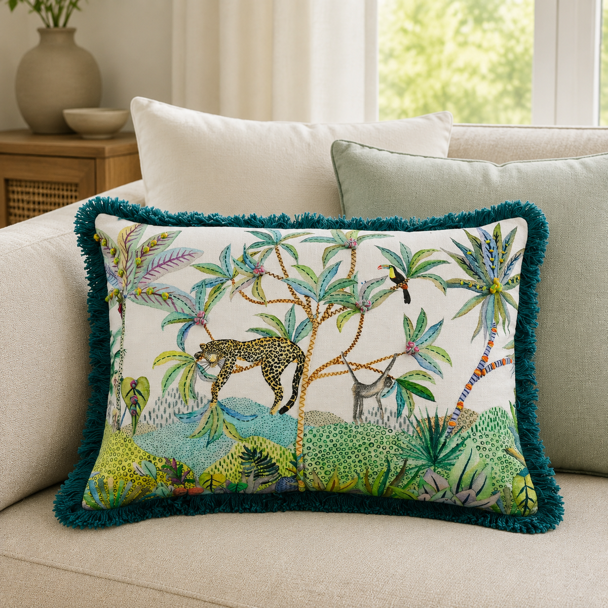 Malini Kruger Leopard On Tree Rectangle Cushion styled on a neutral sofa