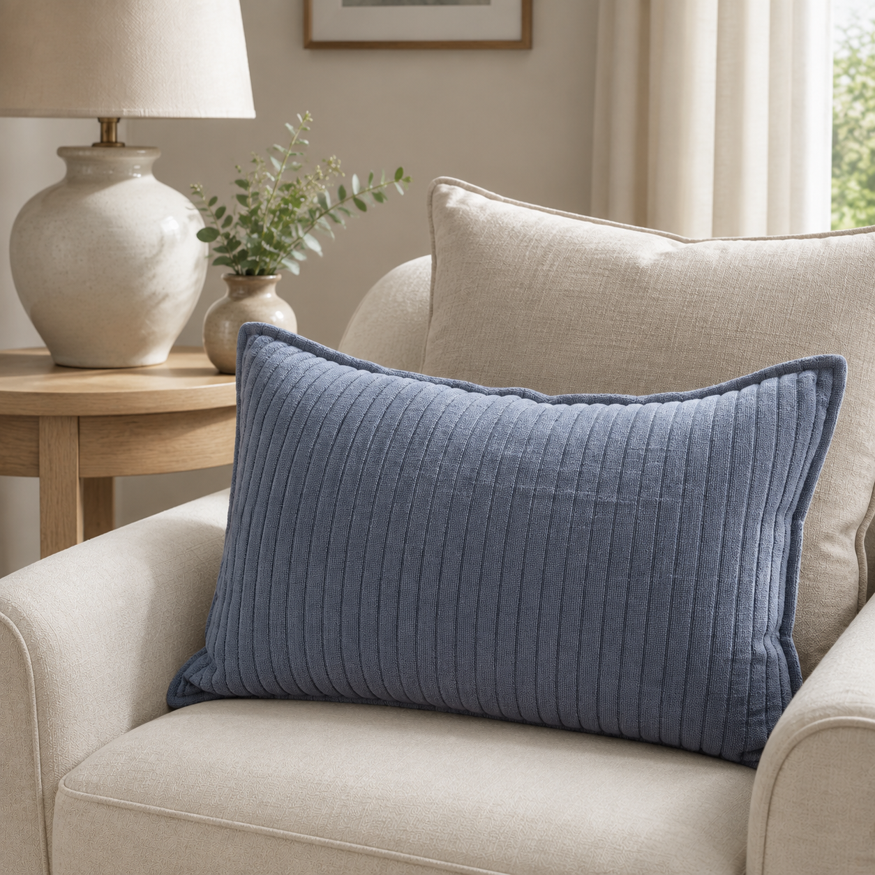 Malini Looma blue ribbed 40x60 cushion styled on a light neutral armchair