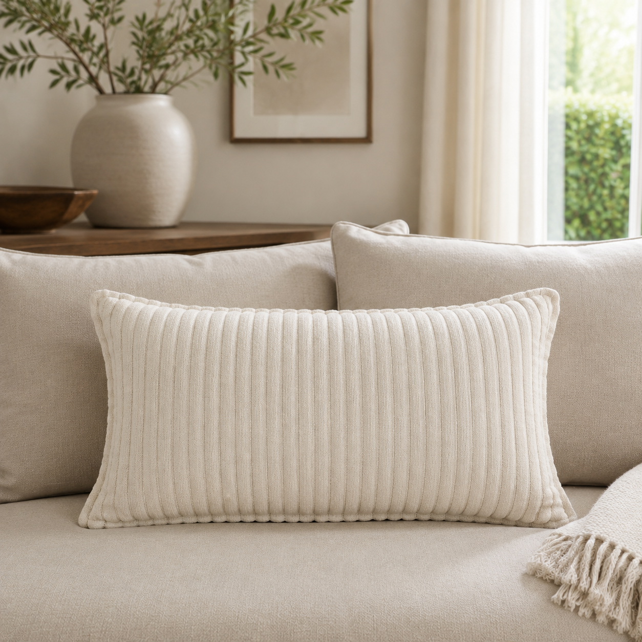 Malini Looma natural ribbed 40x60 cushion styled on a light neutral sofa