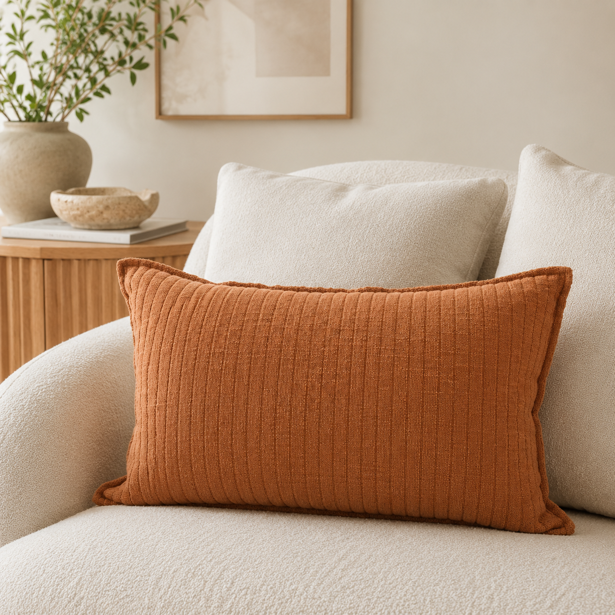 Malini Looma rust orange ribbed 40x60 cushion styled on a light neutral sofa
