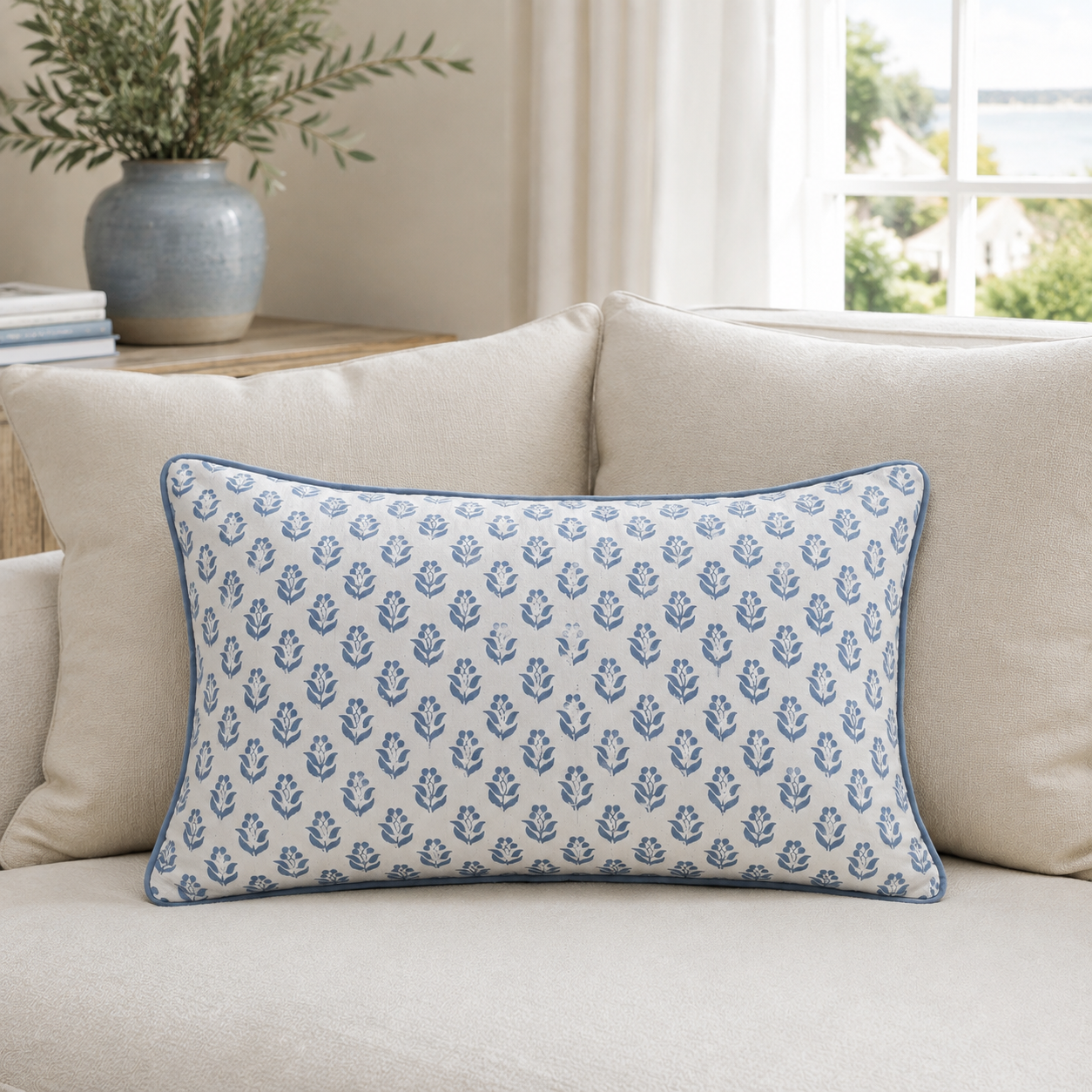 Malini Myn Blue Rectangle Cushion 30x50 styled in a light neutral interior