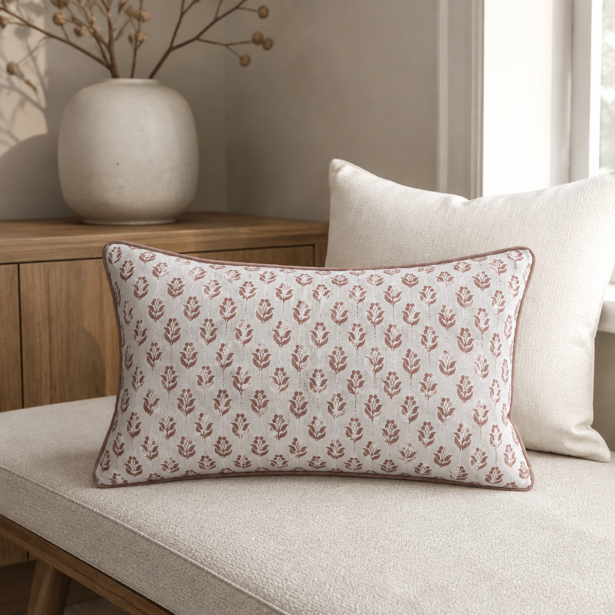 Malini Myn Rosewood Pink Rectangle Cushion 30x50 styled in a light neutral interior