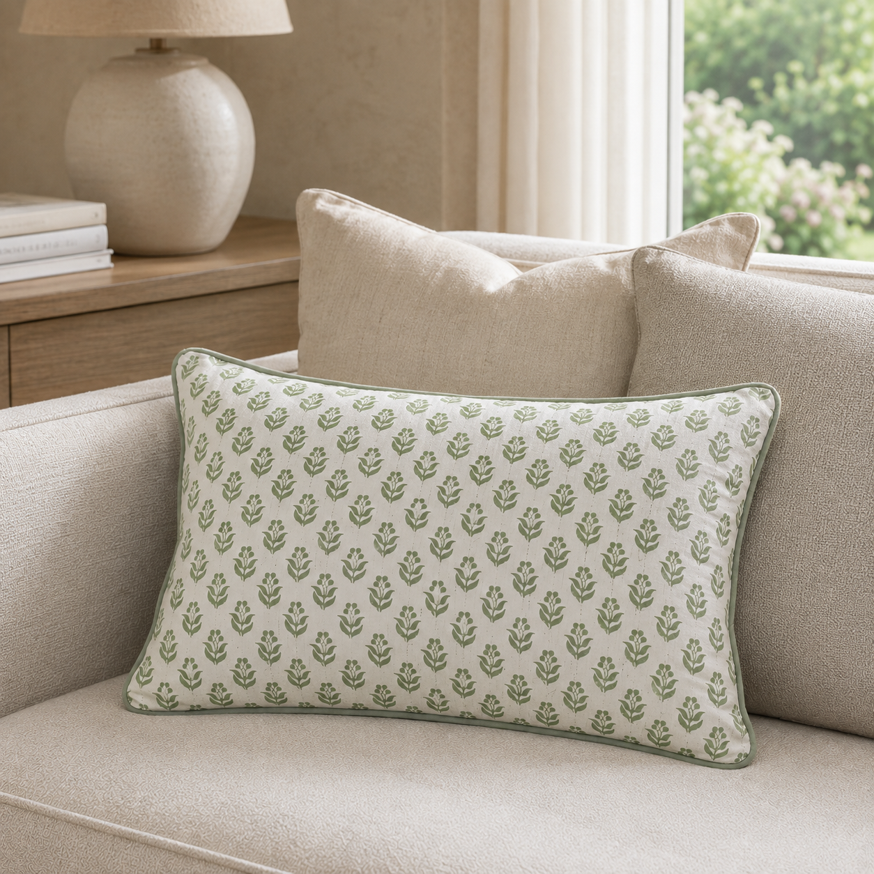 Malini Myn Sage Green Rectangle Cushion 30x50 styled in a light neutral interior