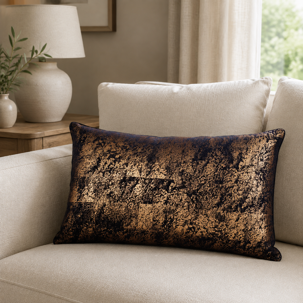 Malini Neptune Copper Foil On Navy Velvet Rectangle Cushion 35x55 styled in a light neutral interior