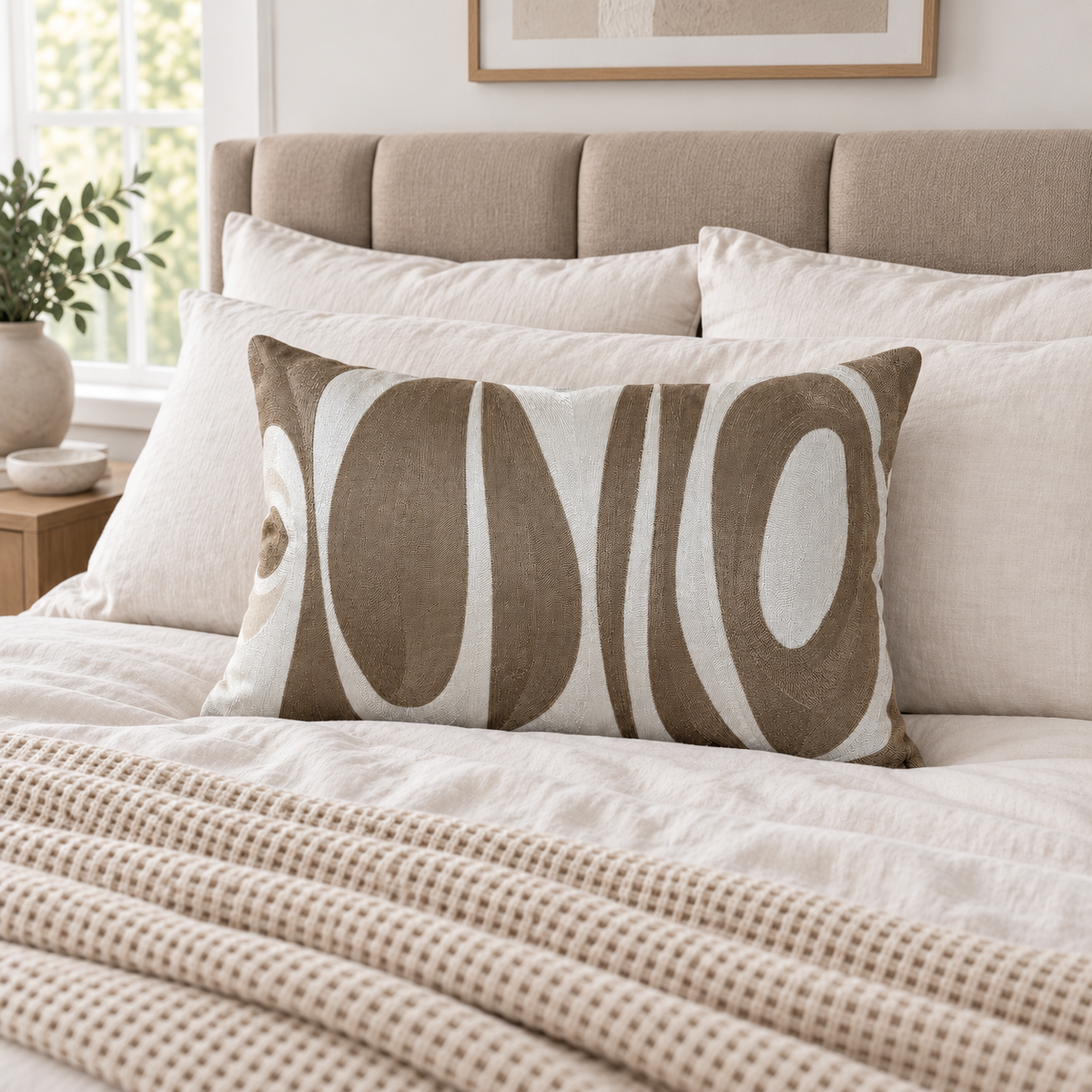 Malini Abstract Taupe Oval Emb On Cream Cushion 40x60 in a cosy interior with natural daylight