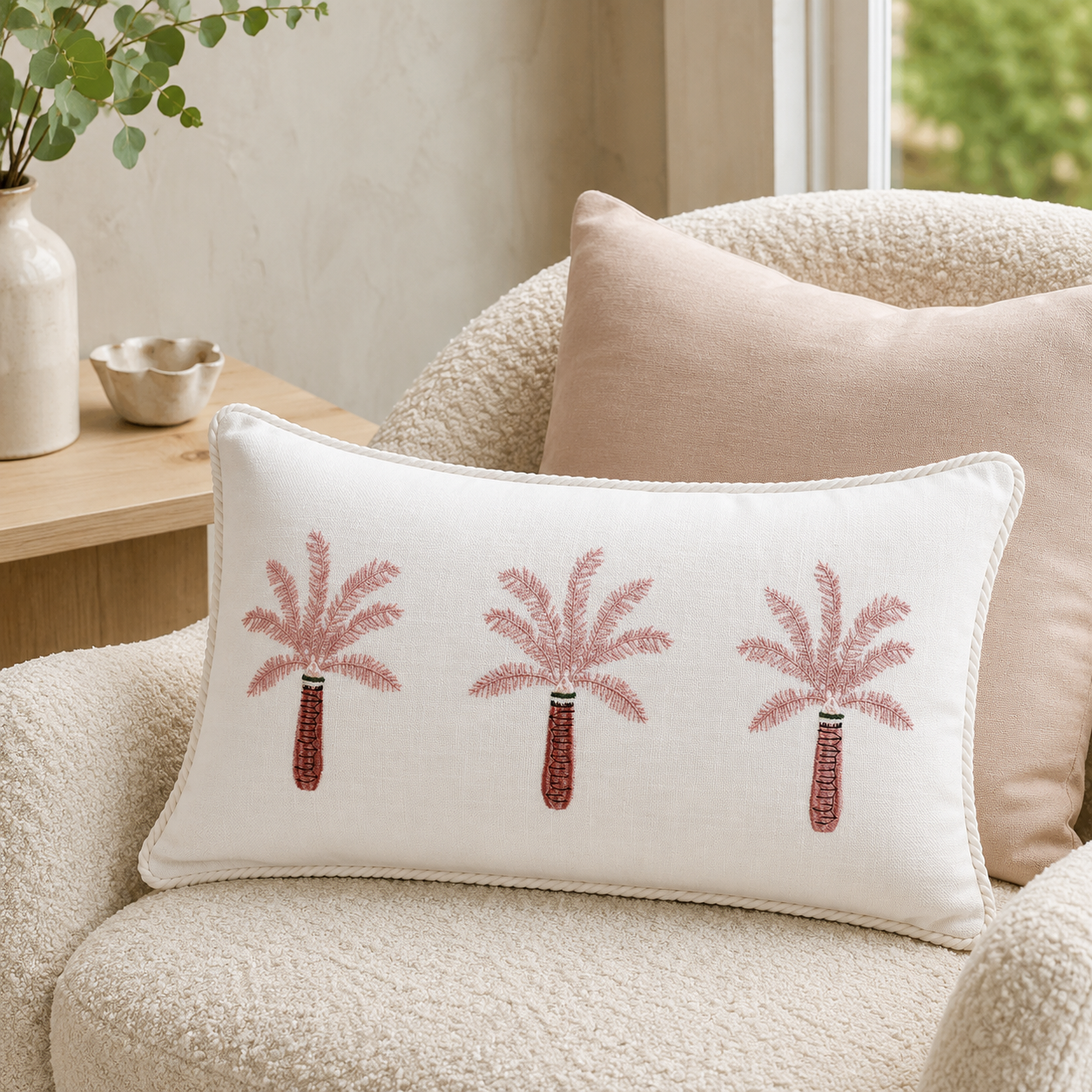 Malini Tropica Pink Rectangle Cushion 30x50 in a neutral living room