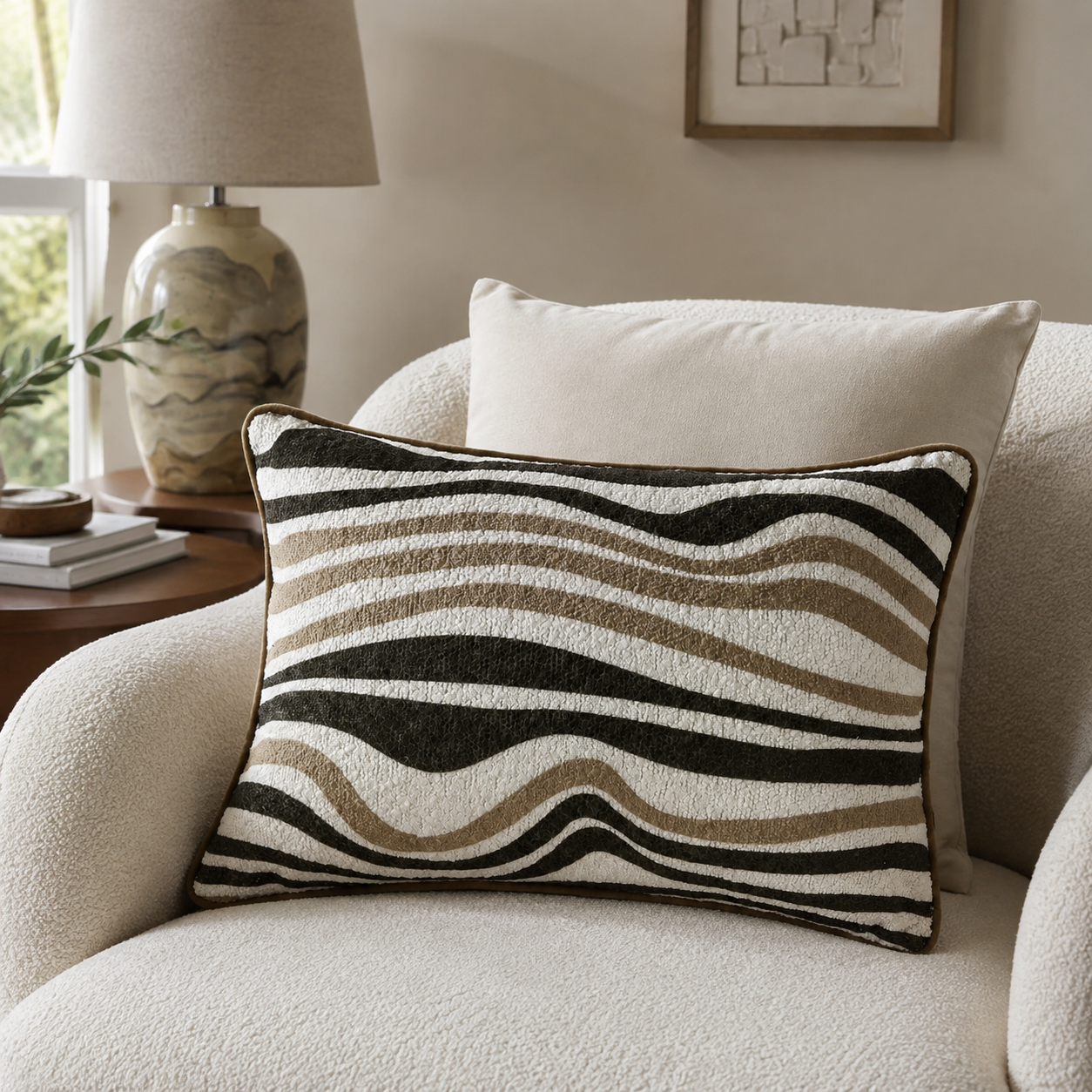 Malini Zara Coffee wave print bouclé rectangle cushion styled on a light neutral armchair