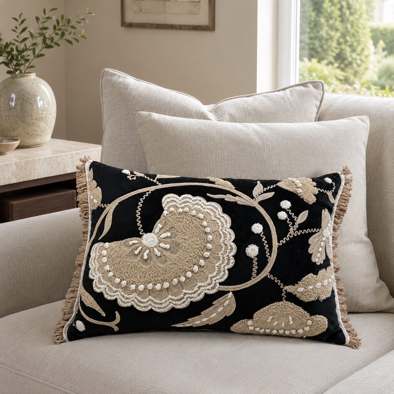 Malini Zola cream and black embroidered rectangle cushion styled on a light neutral sofa