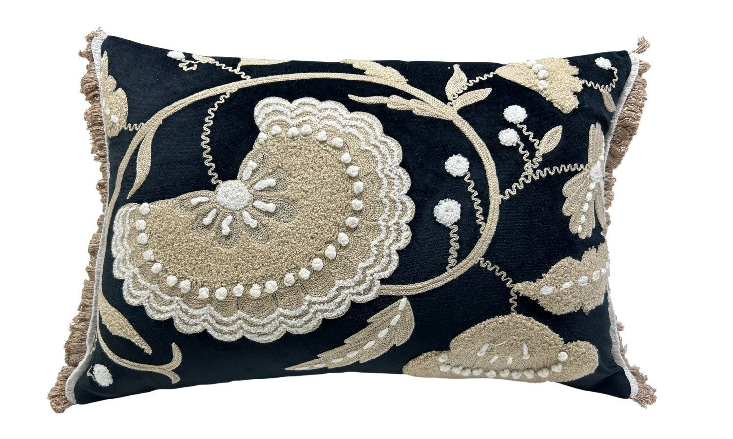 CREAM FLORAL ON BLACK HAND EMB 35X50