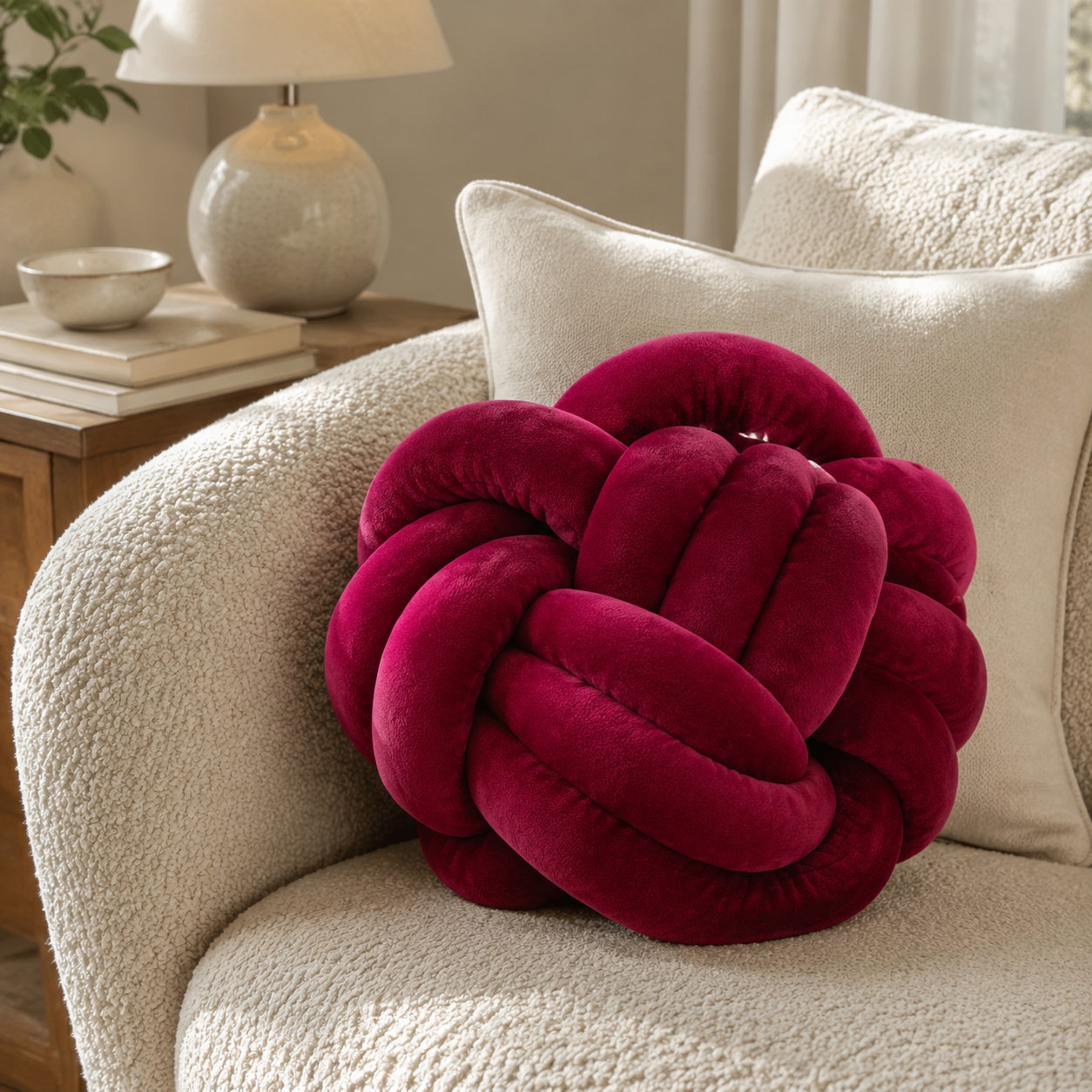 Malini Paul Moneypenny Ballsup Fuchsia Pink Velvet Round Cushion lifestyle image