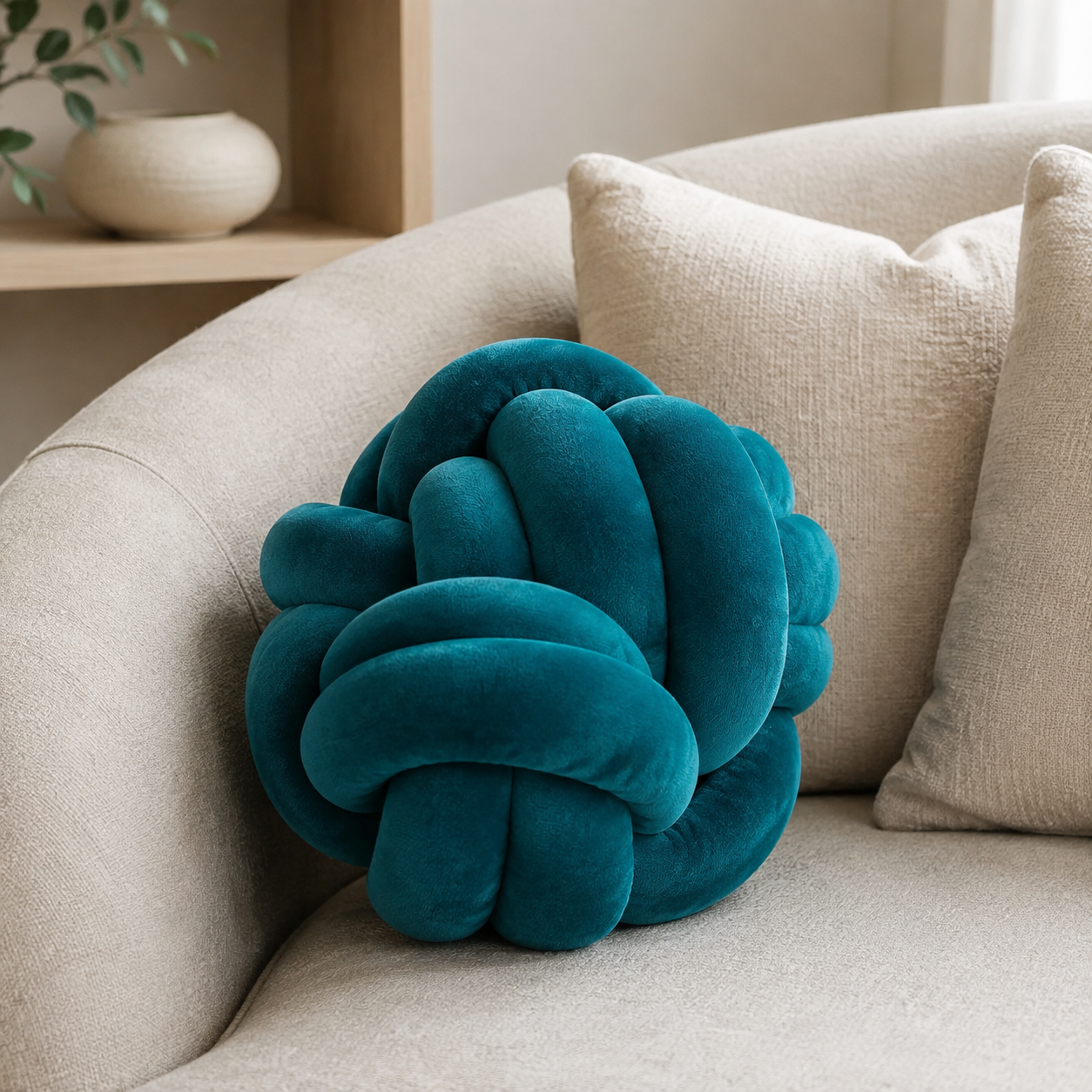 Malini Paul Moneypenny Ballsup Teal Blue Velvet Round Cushion lifestyle image