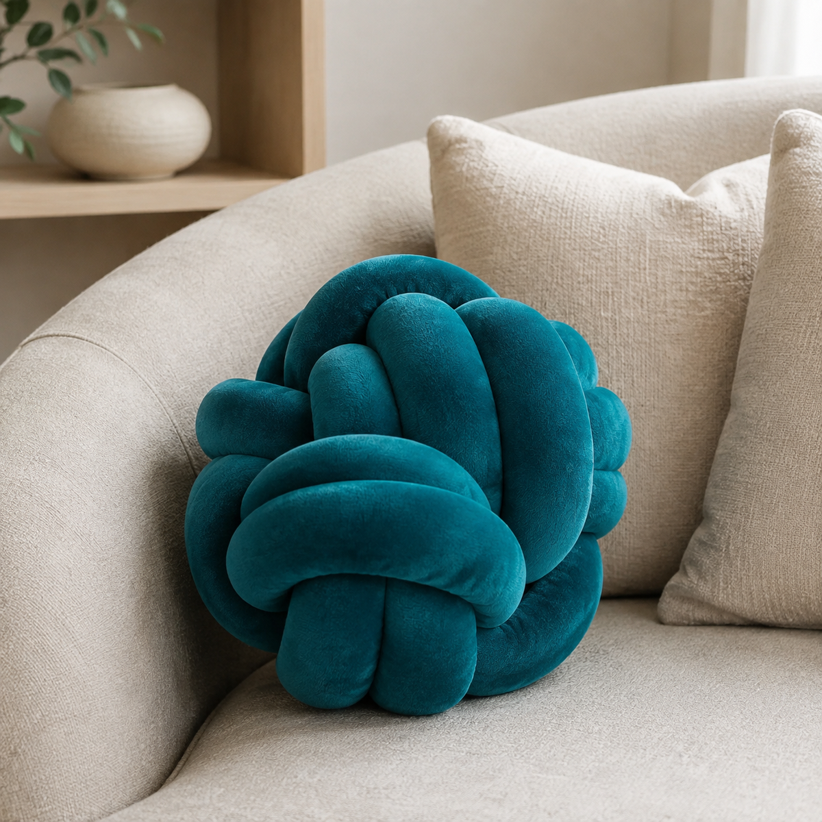 Malini Paul Moneypenny Ballsup Teal Blue Velvet Round Cushion lifestyle image