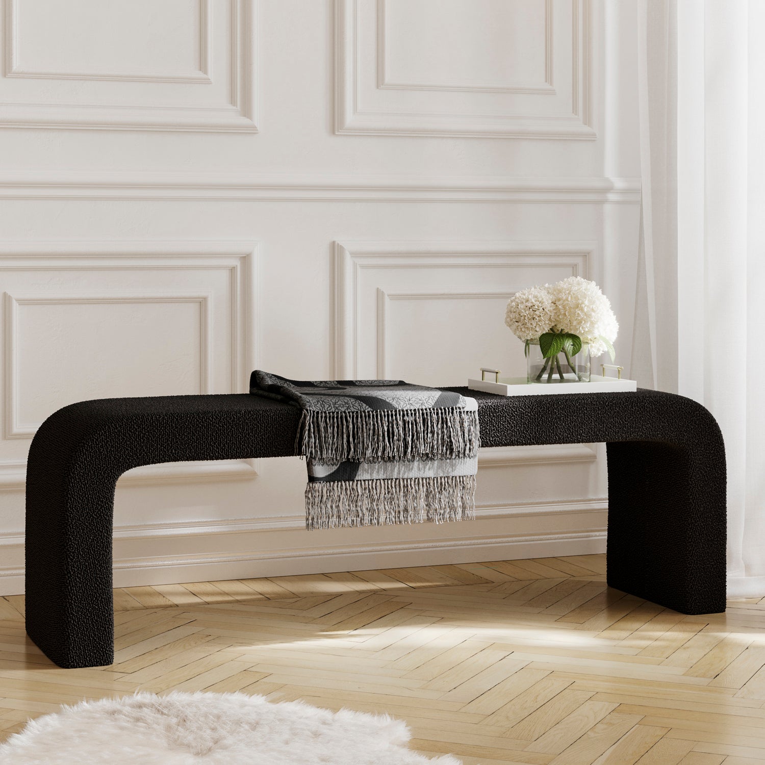 Ren Black Boucle Curved Bench