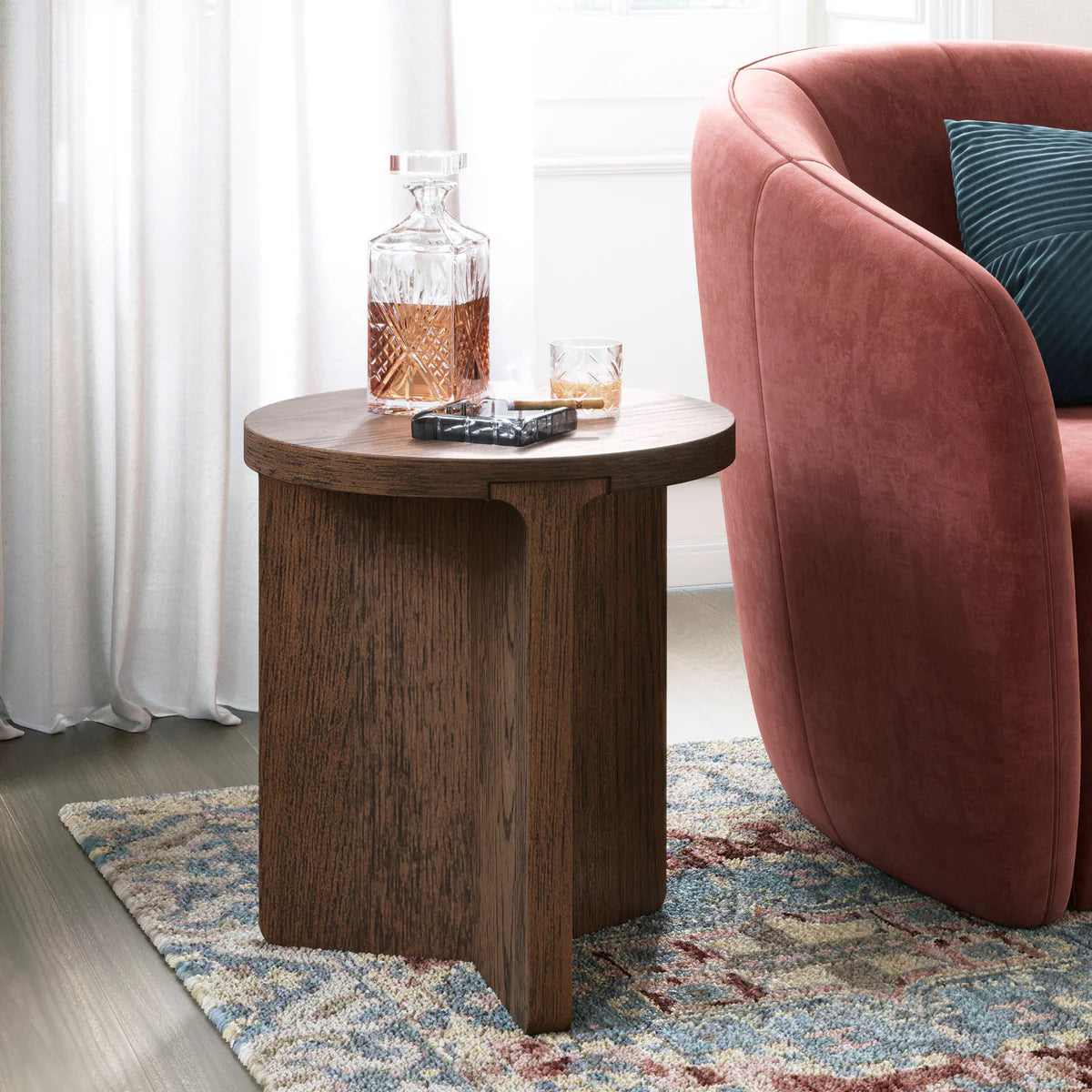 Dakota Brown Oak Wood Round Side Table