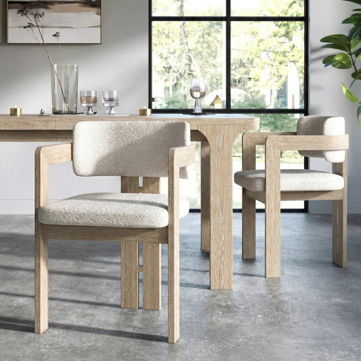 Set of 2 Brooklyn White Boucle & Oak Wood Dining Armchairs