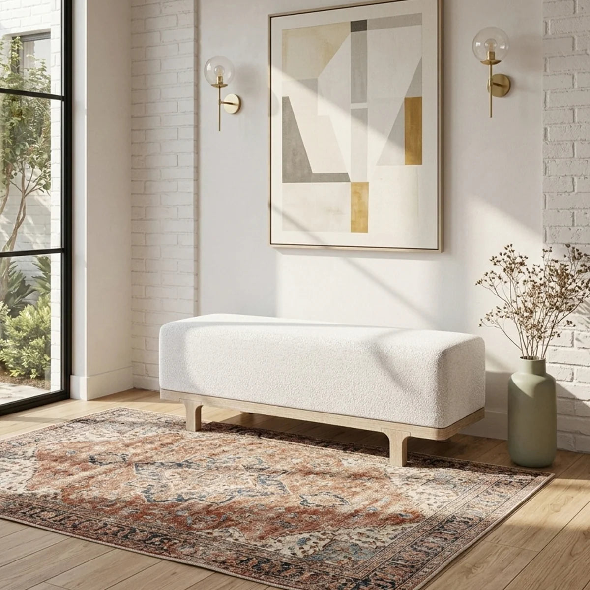 Brooklyn White Boucle & Oak Wood Bench