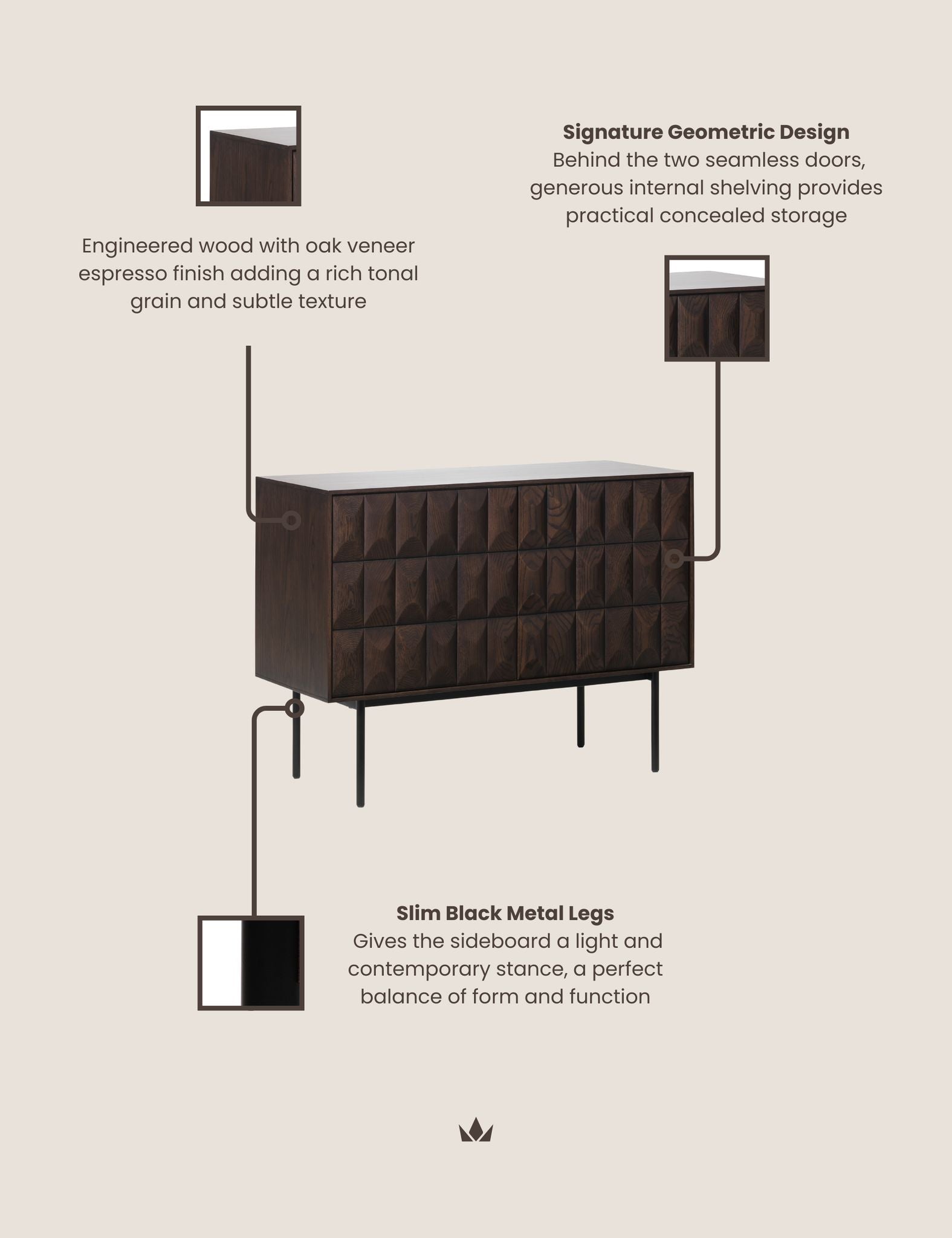 Theo Brown Wood Geometric 2-Door Sideboard
