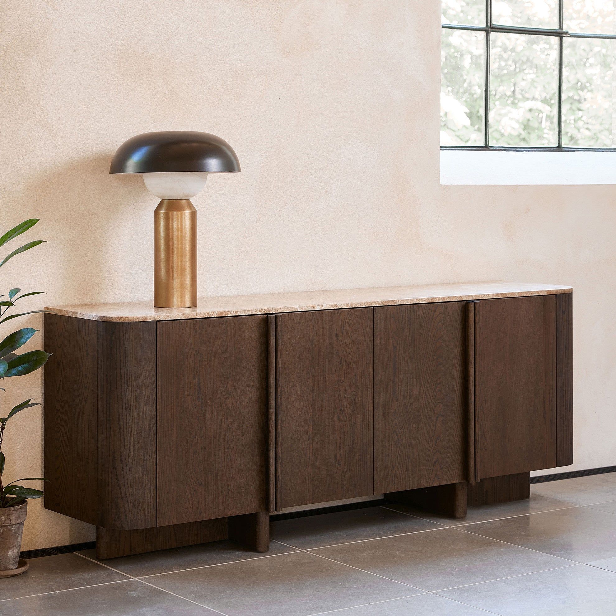 Theo Brown Wood 4-Door Sideboard with Marble Top