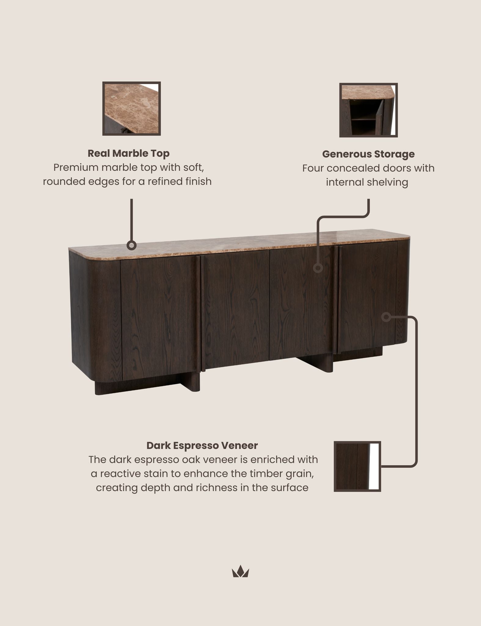 Theo Brown Wood 4-Door Sideboard with Marble Top
