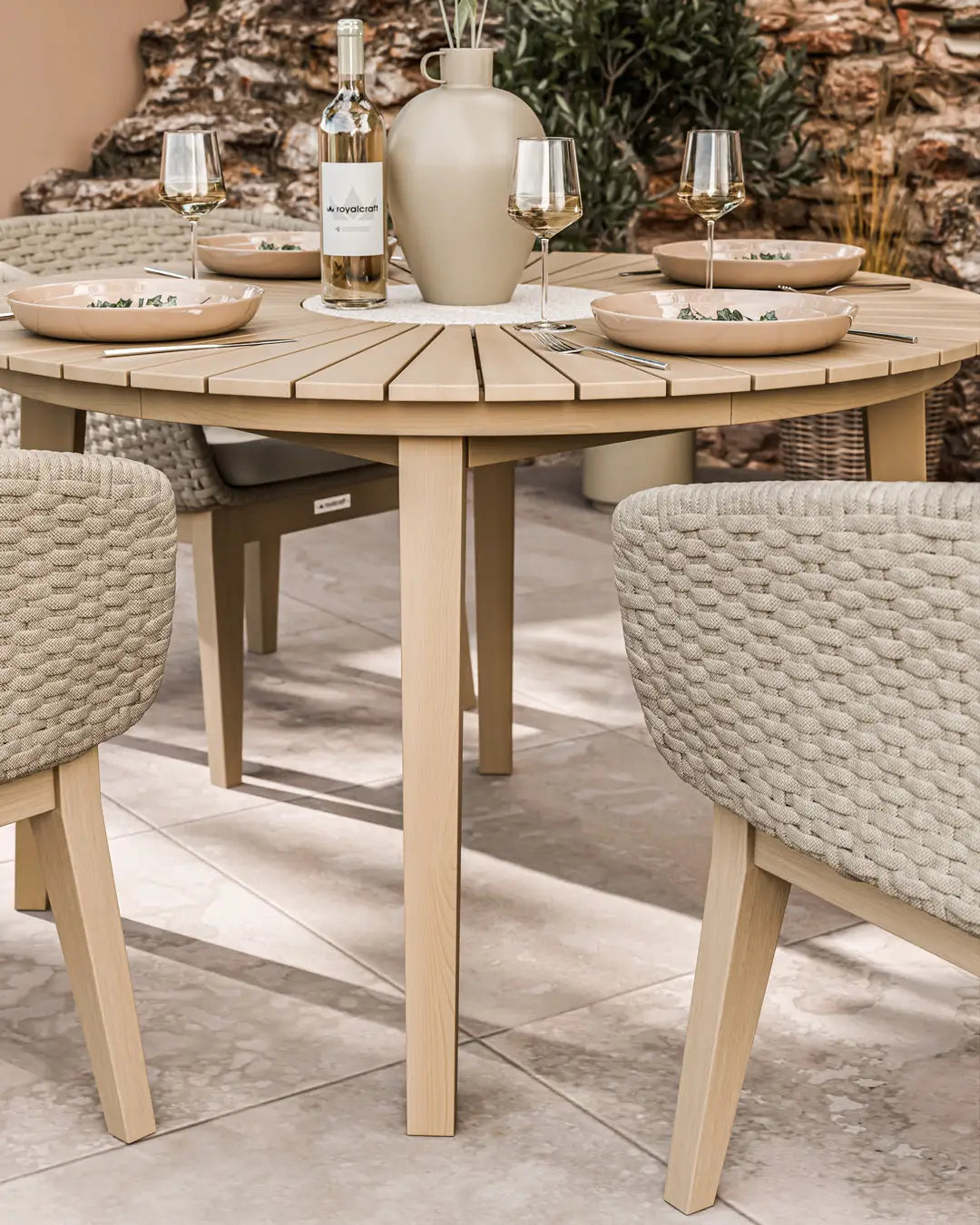 Bella 4 Seater Wood Round Sunray with Terrazzo Insert Dining Set with Tess Dawn Chairs