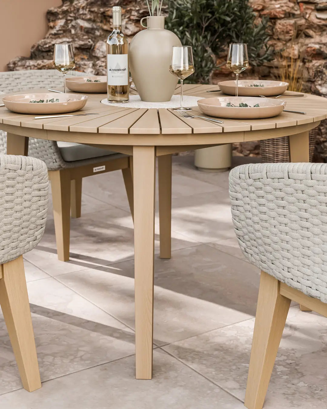 Bella 4 Seater Wood Round Sunray with Terrazzo Insert Dining Set with Tess Dusk Chairs