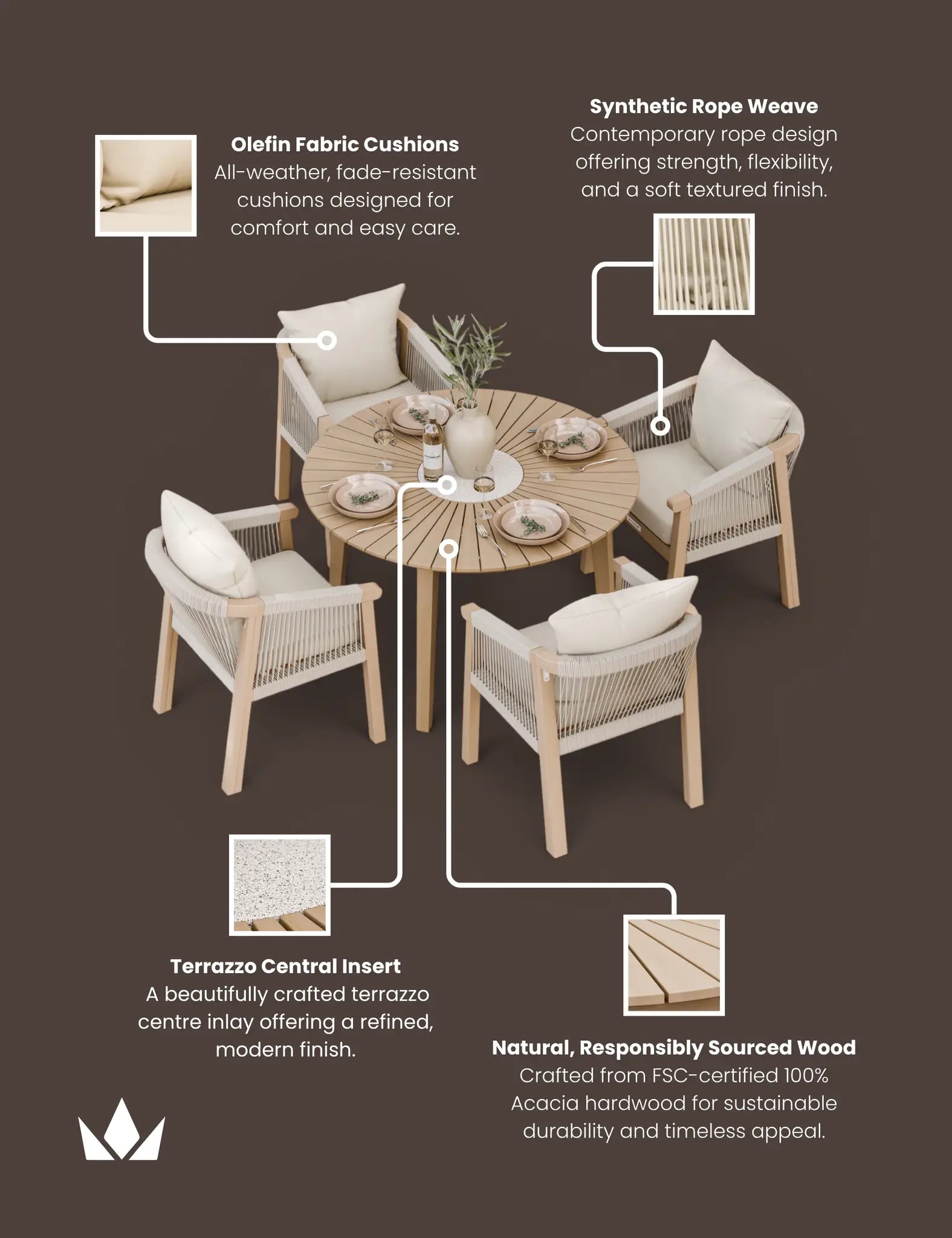 Bella 4 Seater Wood Round Sunray with Terrazzo Insert Dining Set with Bella Dining Chairs