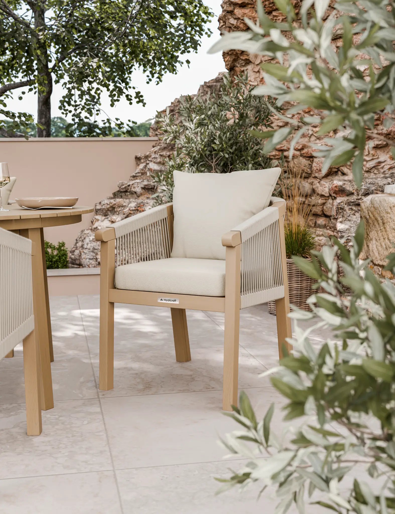 Bella 4 Seater Wood Round Sunray with Terrazzo Insert Dining Set with Bella Dining Chairs