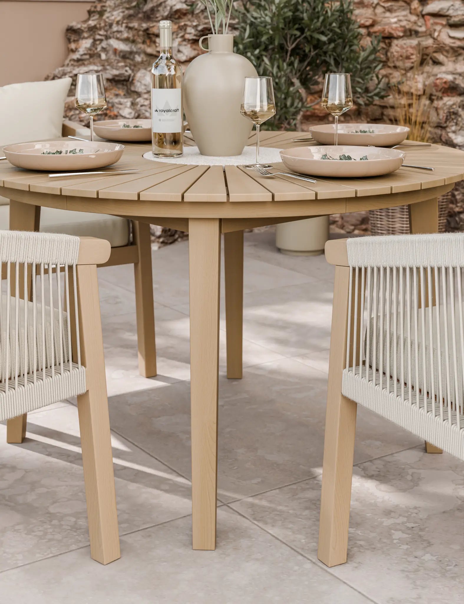 Bella 4 Seater Wood Round Sunray with Terrazzo Insert Dining Set with Bella Dining Chairs